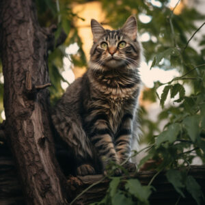 graue Katze sitzt im Baum