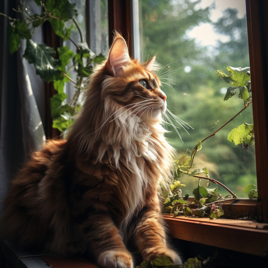 Maine Coon Katze sitzt am Fenster